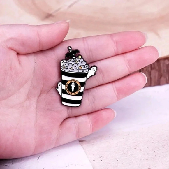 1 piece fun black white Halloween spooky ghost candy corn milkshake enamel pin - Picture 2 of 4